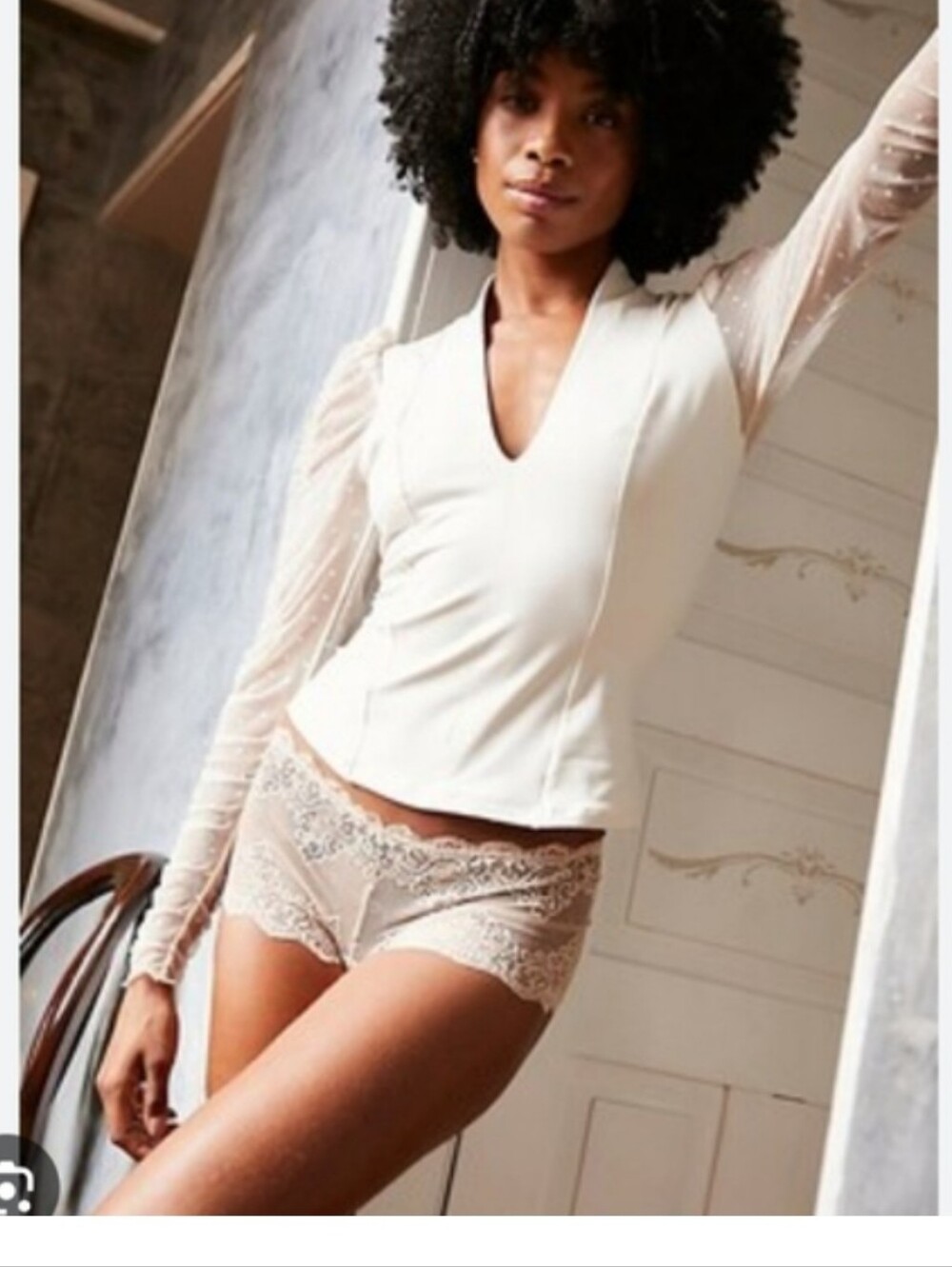 Free people Vibing You Long-Sleeve Top White V-Neck Top Sheer Polka-Dot Sleeves